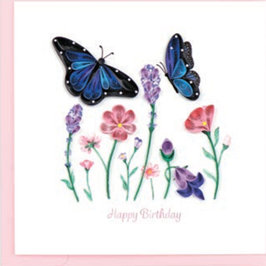 Birthday Flowers & Blue Butterflies Card