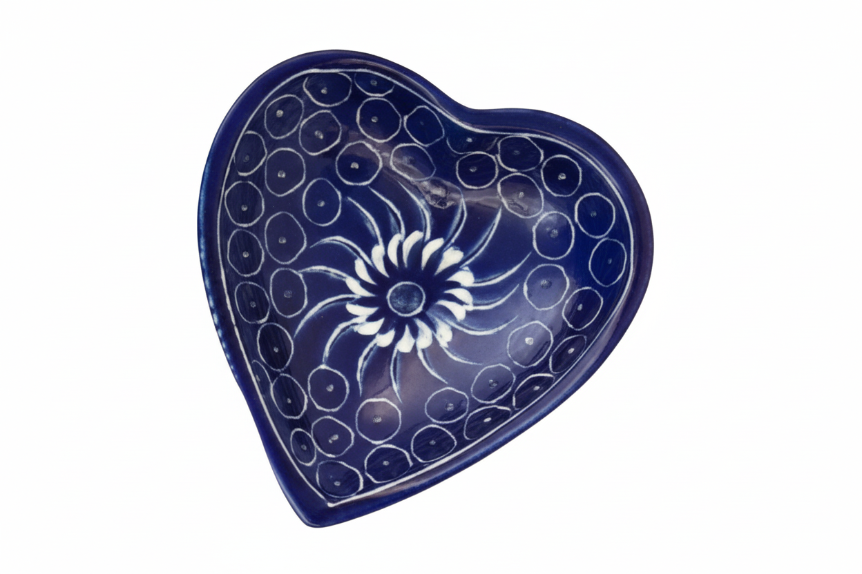 Blue Heart Shaped Trinket Dish Handcarved-Stone with Painted Designs - Small 3.5"