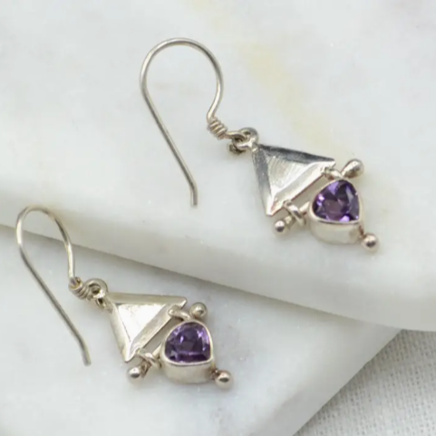 Silver Triangle Earrings with Amethyst