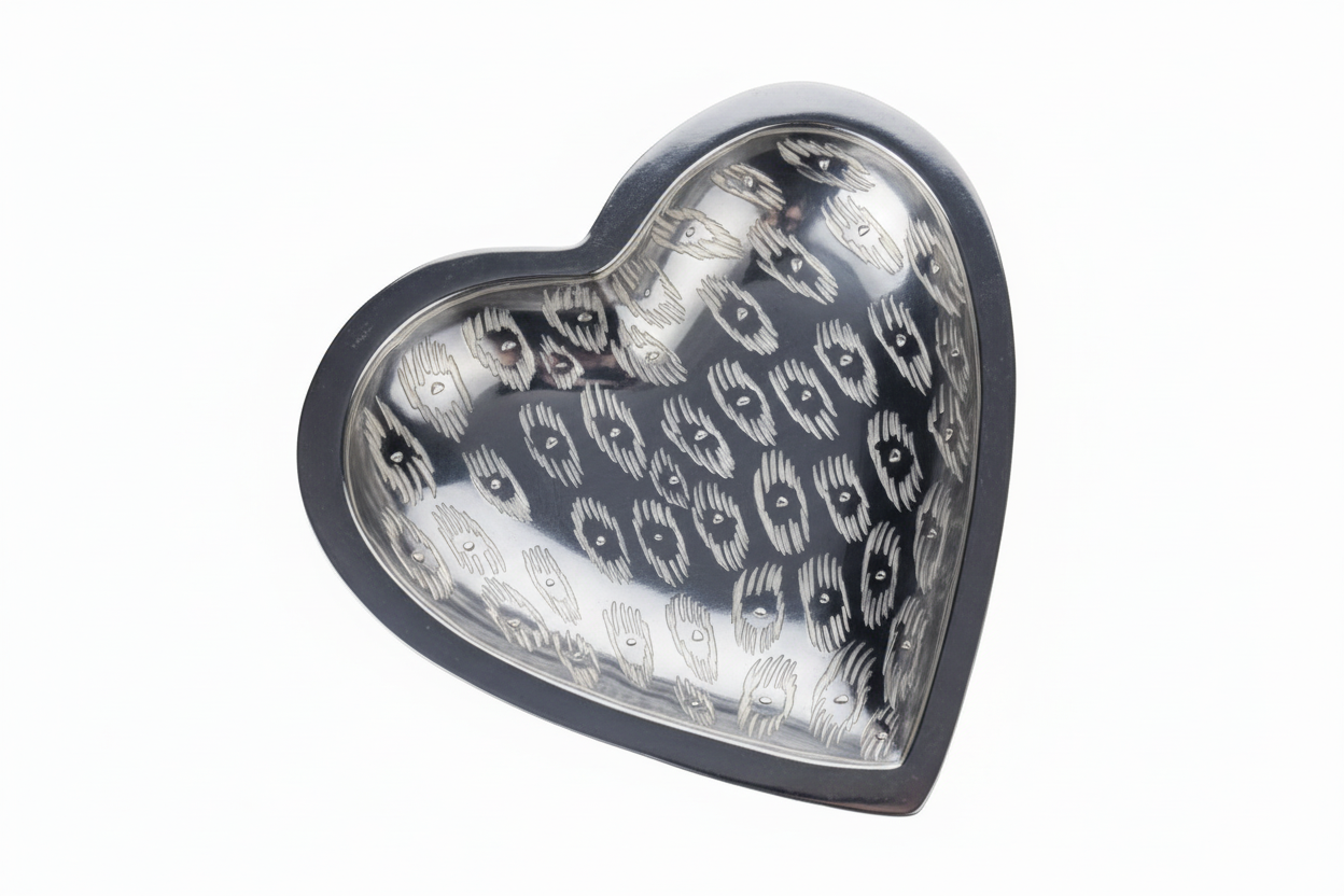 Grey Heart Shaped Trinket Dish Handcarved-Stone with Painted Designs - Small 3.5"