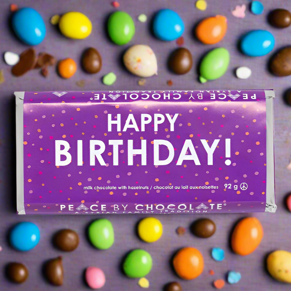 Peace by Chocolate HAPPY BIRTHDAY bar 92g milk w hazlenut