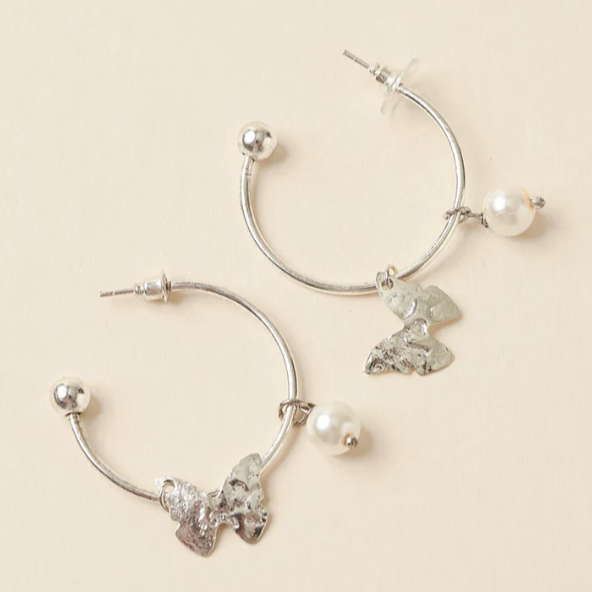 Ishya Butterfly Pearl Silver Hoop Earrings