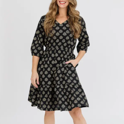 Lydia Floral Stamp Black Dress