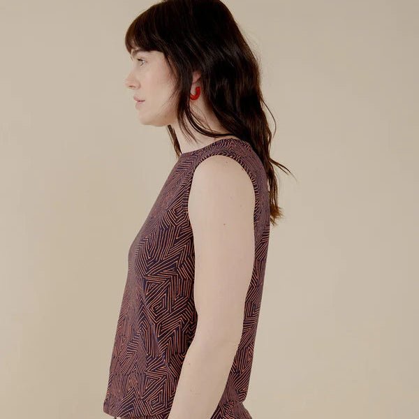 Millie Muscle Tee Blue Tree Rings Pattern