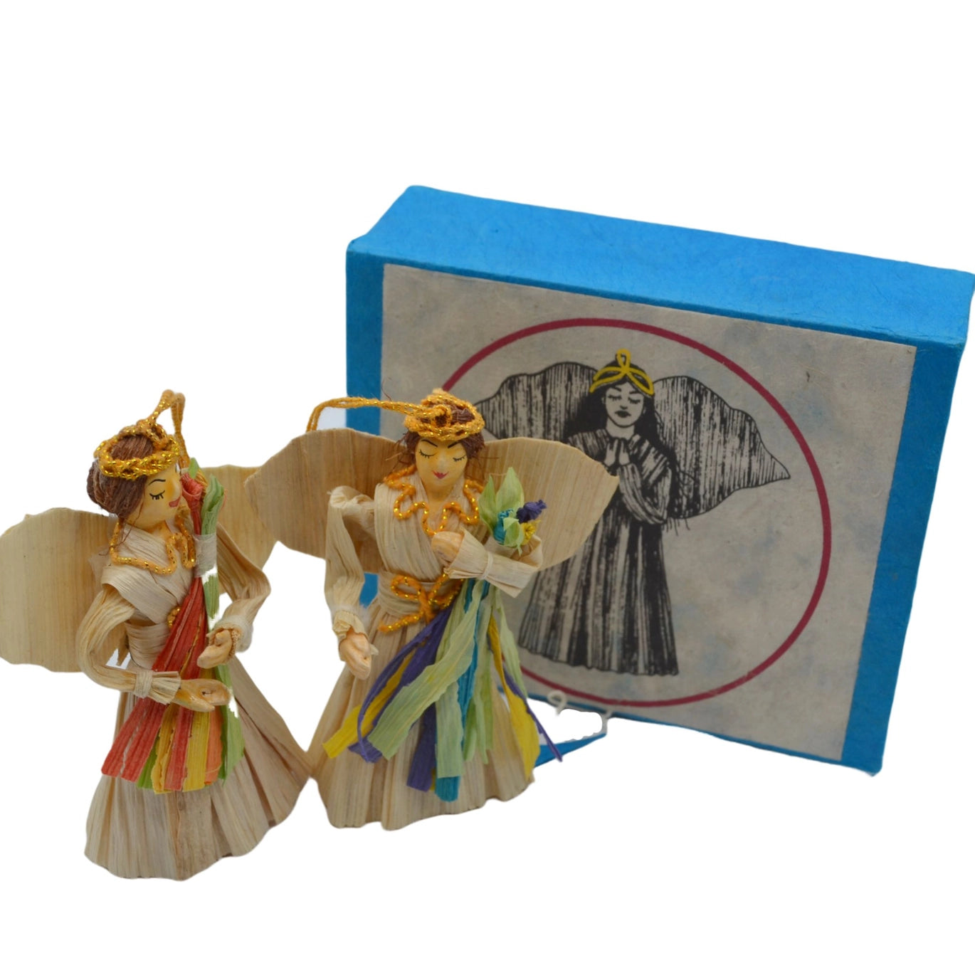 Pair of Corn Husk Angel with Flowers