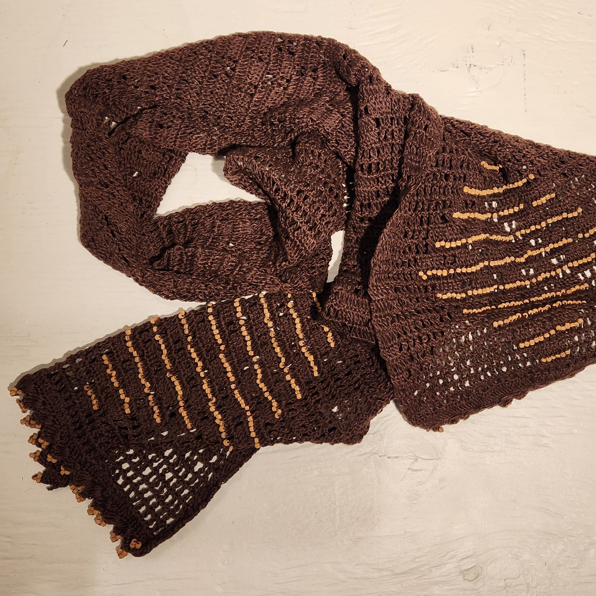 Chocolate & Beads Crocheted Cotton Scarf