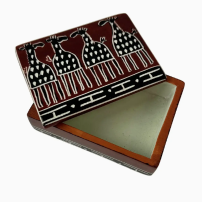 Soapstone Carved Box, Brown Mudcloth Giraffes