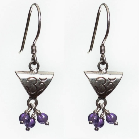 Triangle Om Silver Earring Amethyst