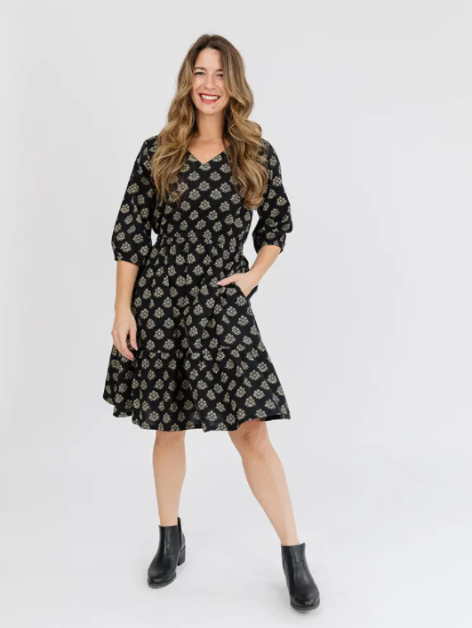 Lydia Floral Stamp Black Dress