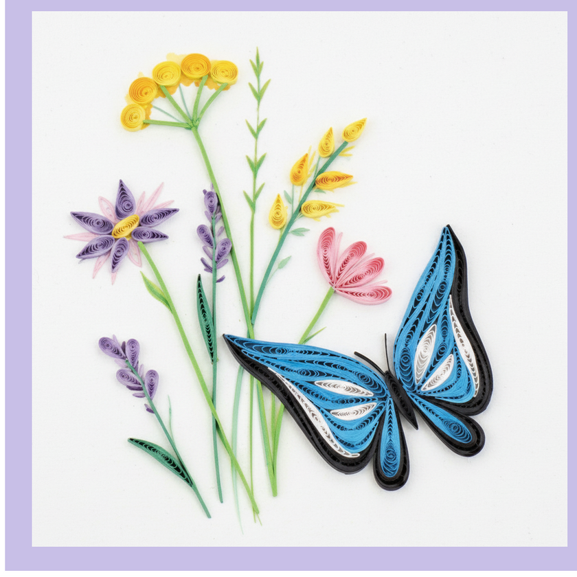 Quilled butterfly and flowers on a white background with a purple border