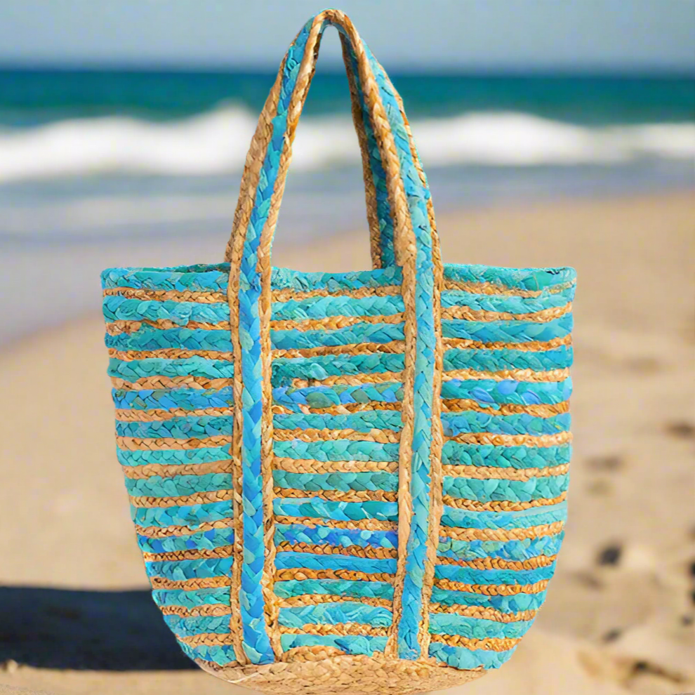 Chindi Blue Beach Bag Tote - Upcycled Fabric