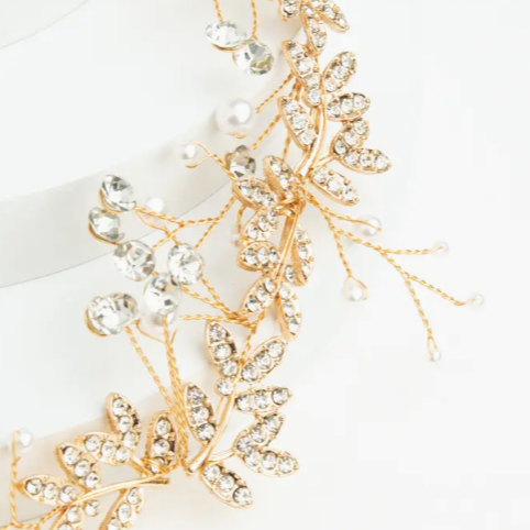Ethereal Vine Gold Crystal and Pearl Silk Ribbon Headband