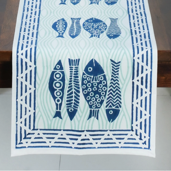 Hand Printed Fish Table Runner 13"x70"