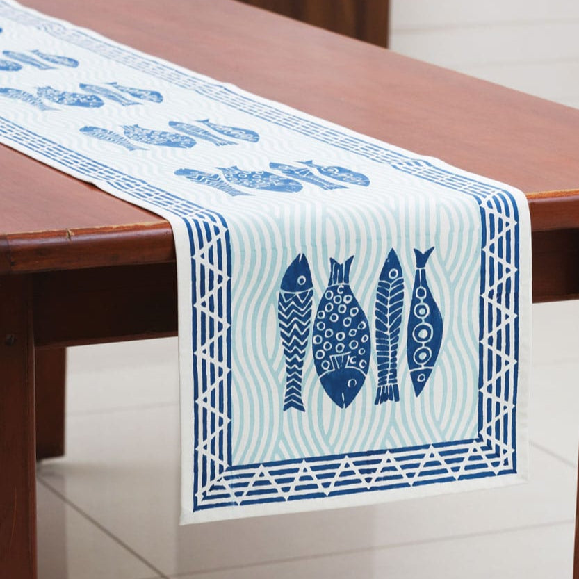 Hand Printed Fish Table Runner 13"x70"