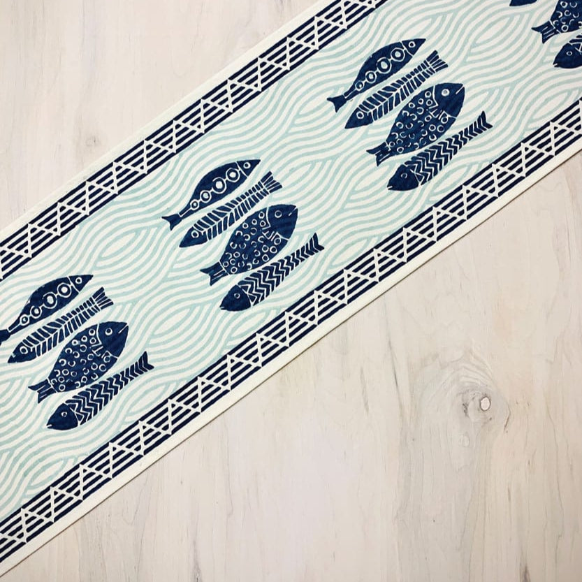 Hand Printed Fish Table Runner 13"x70"