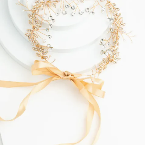 Ethereal Vine Gold Crystal and Pearl Silk Ribbon Headband