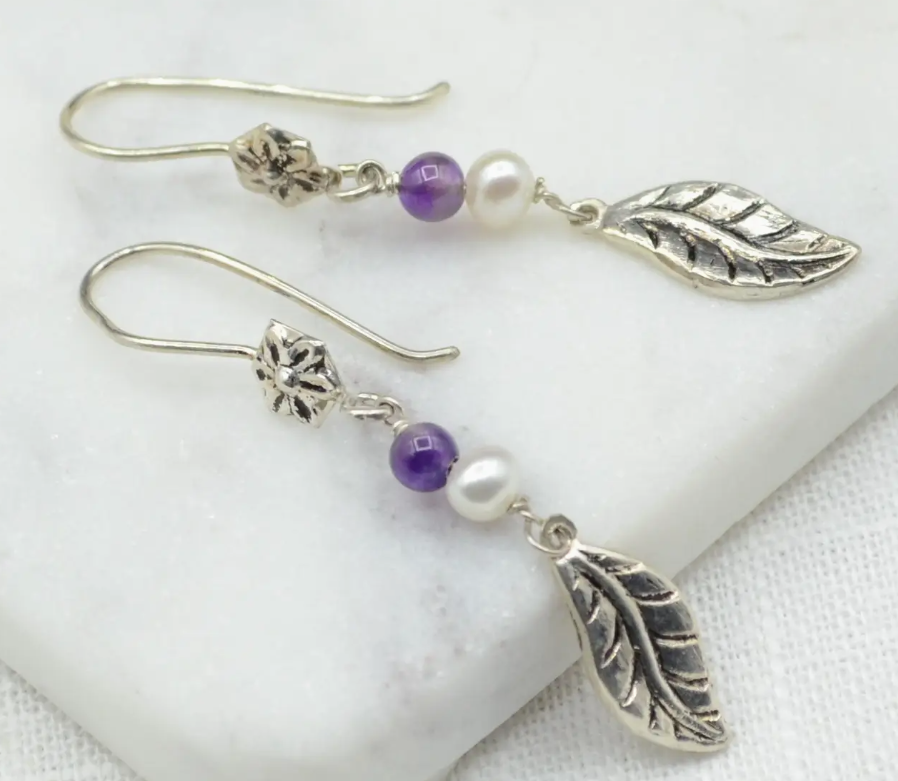 Leaf Drop Silver Earrings with Pearl and Amethyst