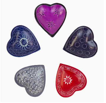 Red Heart Shaped Trinket Dish Handcarved-Stone with Painted Designs - Small 3.5"