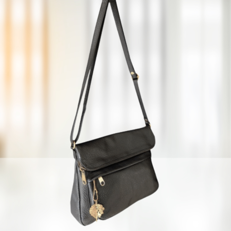 Smooth Leather Black Double Zipper Bag