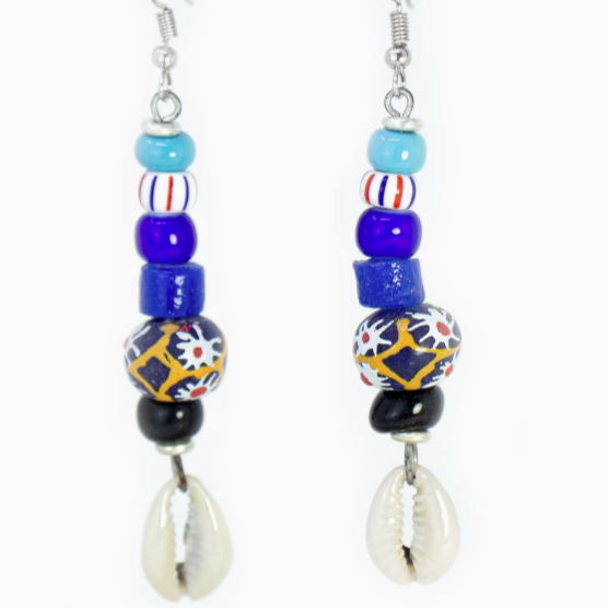 Shell and Maasai Bead Earrings, Blue Tones