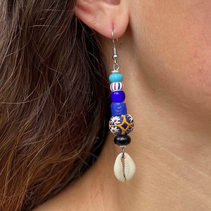 Shell and Maasai Bead Earrings, Blue Tones