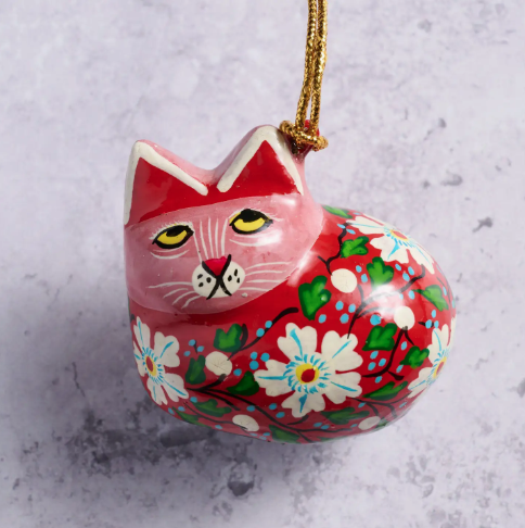 Painted Floral Cat Paper Mache Ornament