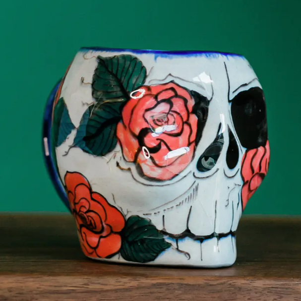 Rose Design Sugar Skull Skeleton Mug