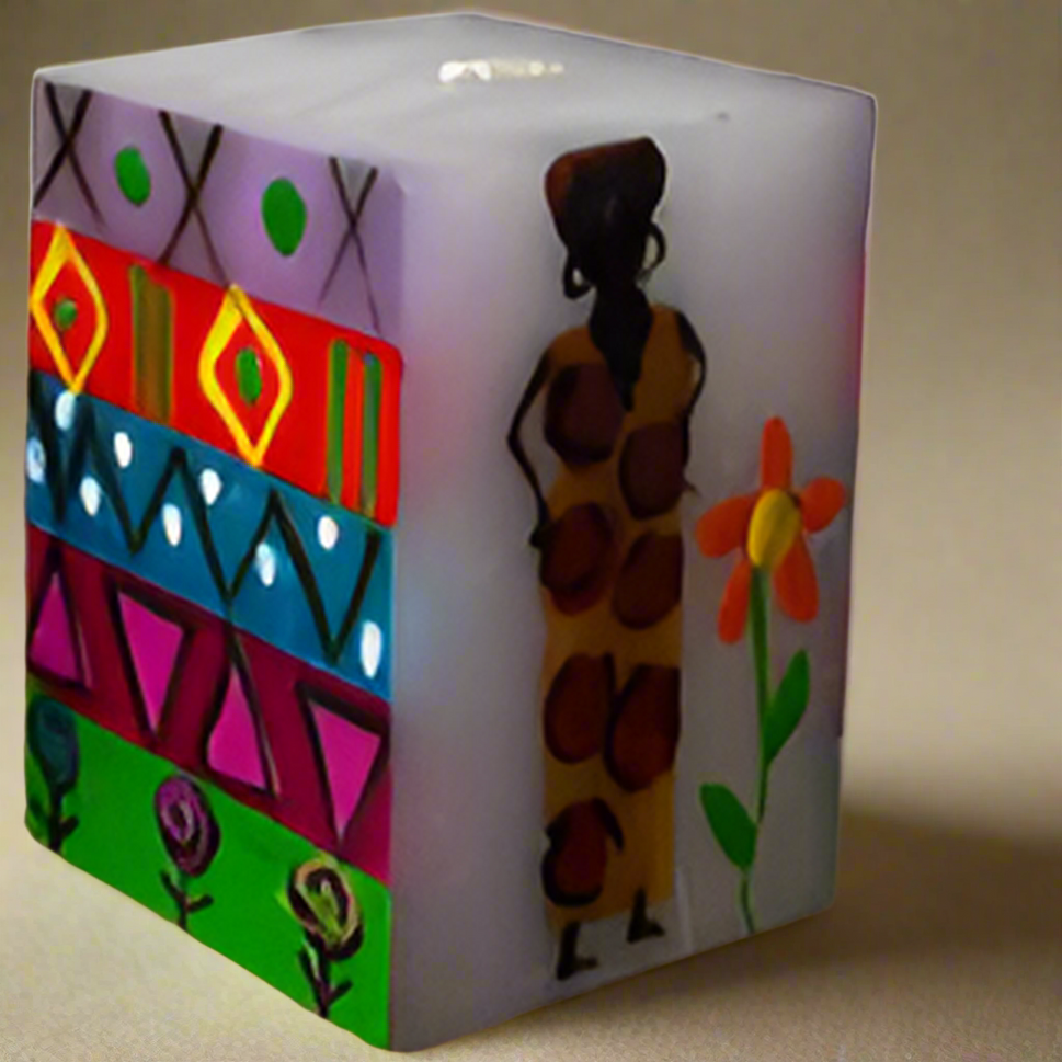 African Ladies Handpainted Cube Candle 2"x2"x3"