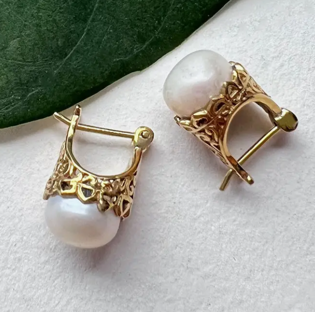 Filigree Pearl Brass Earrings