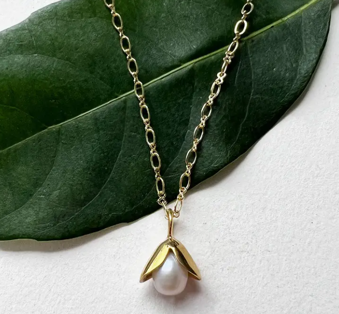 Acorn Pearl Necklace Brass
