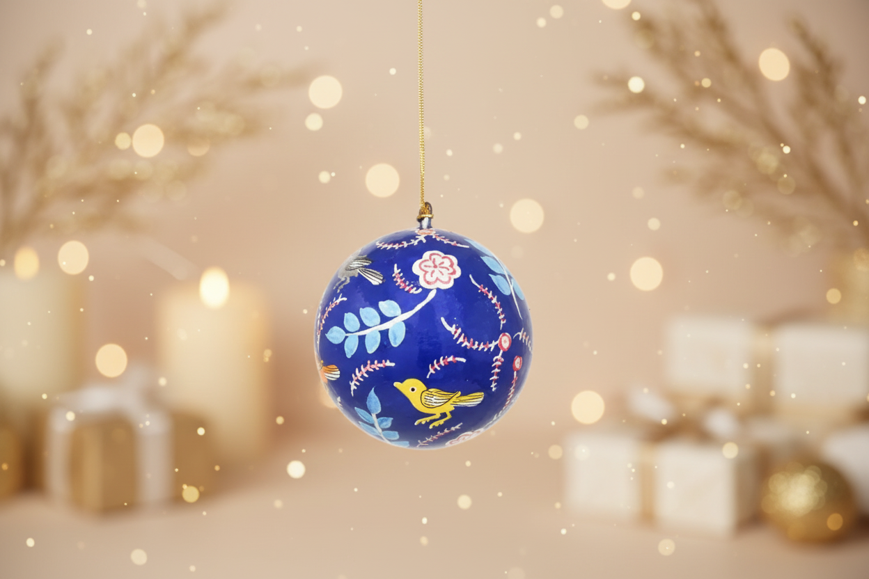 Handpainted Ornament Birds and Flowers, Blue