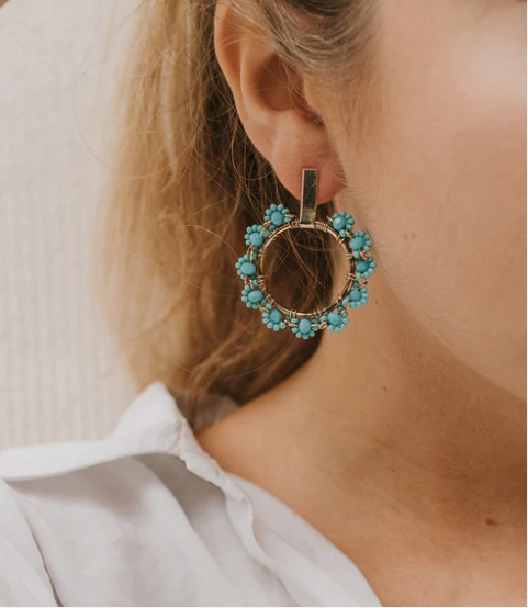 Jatasya Flower Hoop Earrings - Turquoise