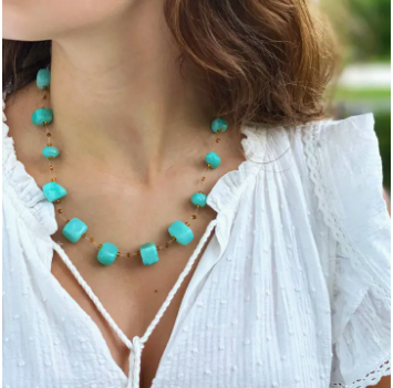 Floating Stone and Maasai Bead Necklace - Turquoise