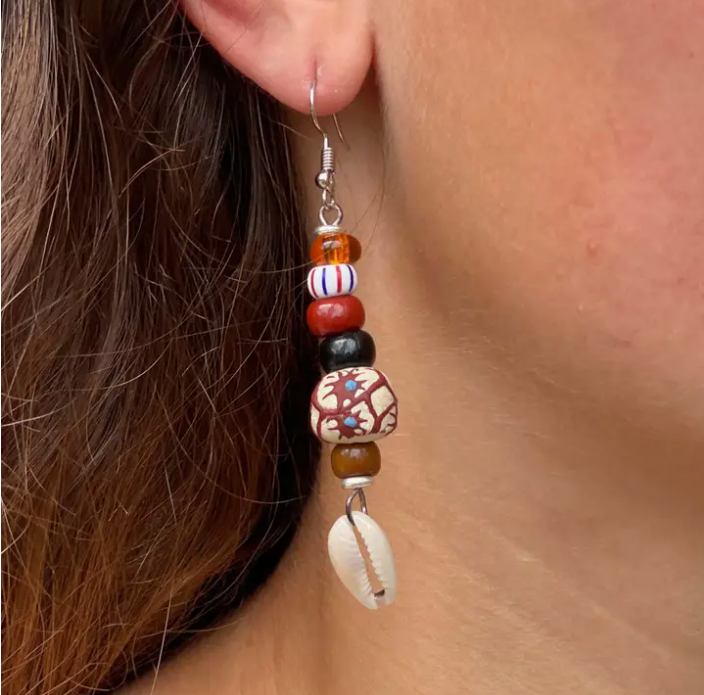 Brown Maasai Bead and Shell Earrings