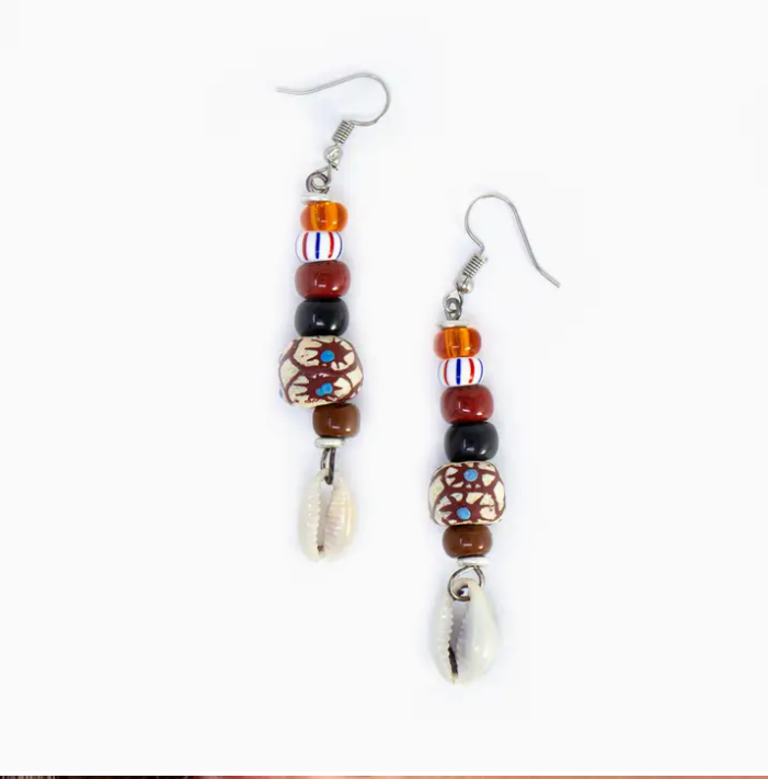 Shell and Maasai Bead Earrings, Earth Tones