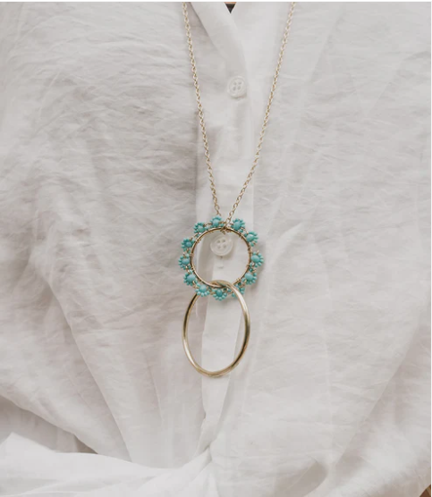 Jatasya Beaded Hoop Pendant Necklace - Turquoise, Gold