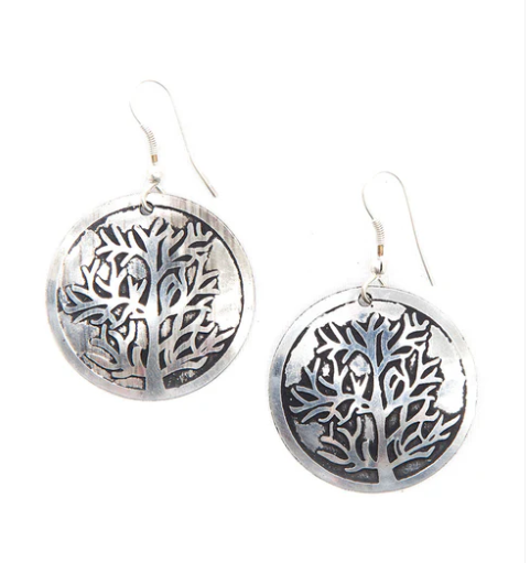 Aranyani Tree of Life Etched Silver Drop Earrings
