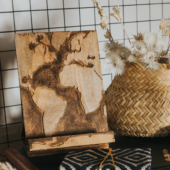 World Map Mango Wood Tablet and Book Stand
