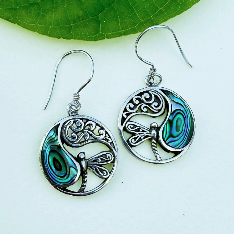 Abalone Dragonfly Circle Earrings Sterling Silver
