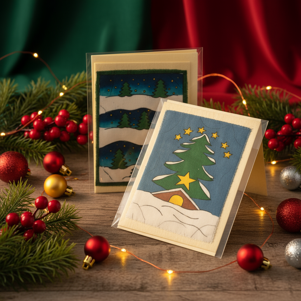 Assorted handmade holiday cards with batiked designs, including a manger scene, snow and trees, and a Christmas tree, packaged in clear plastic sleeves.