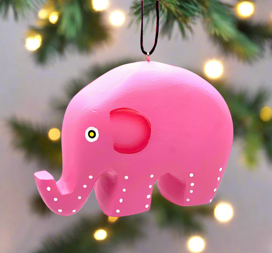 a pink hand painted elephant tree ornament