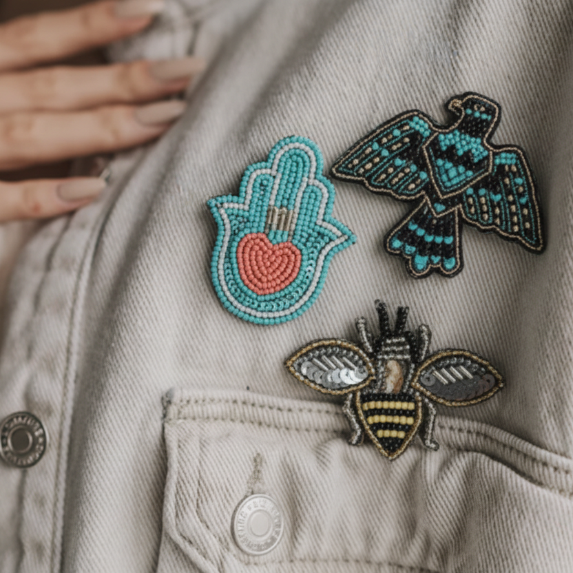 Decorative beaded pins on a light-colored denim jacket