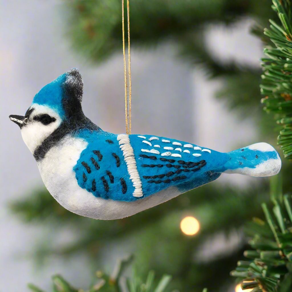 hand-felted blue jay tree ornament