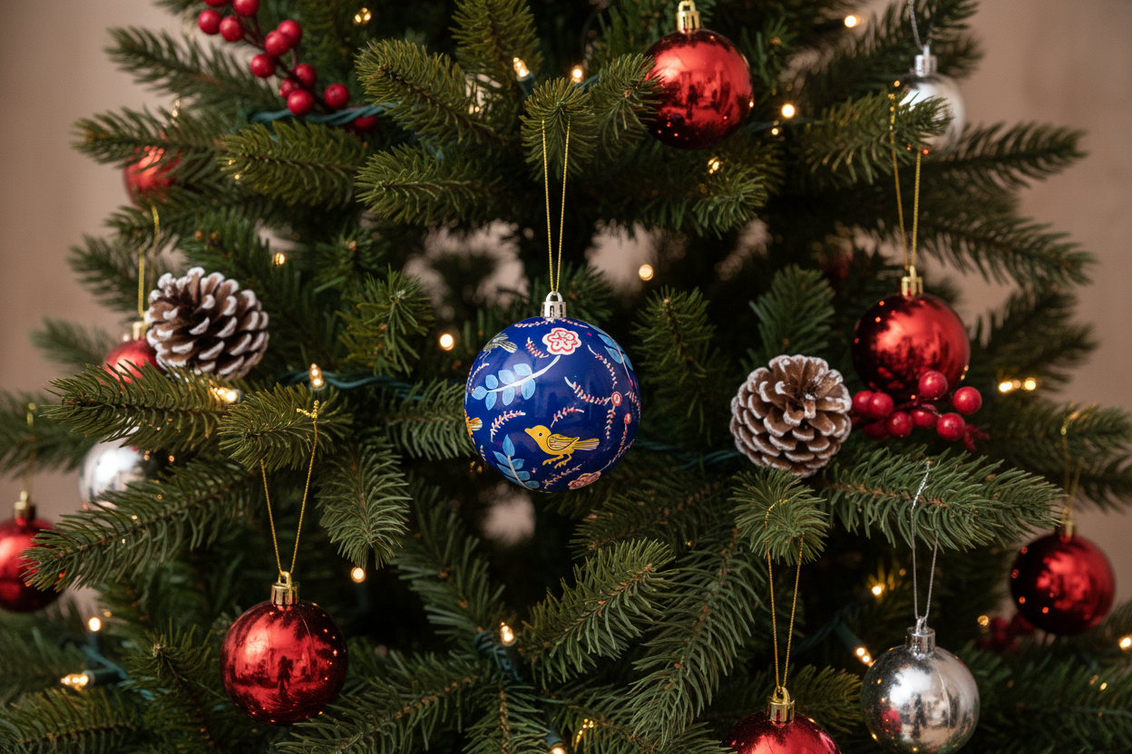 A handpainted ornament featuring birds and flowers in blue, with a glossy finish and a gold hanging thread.