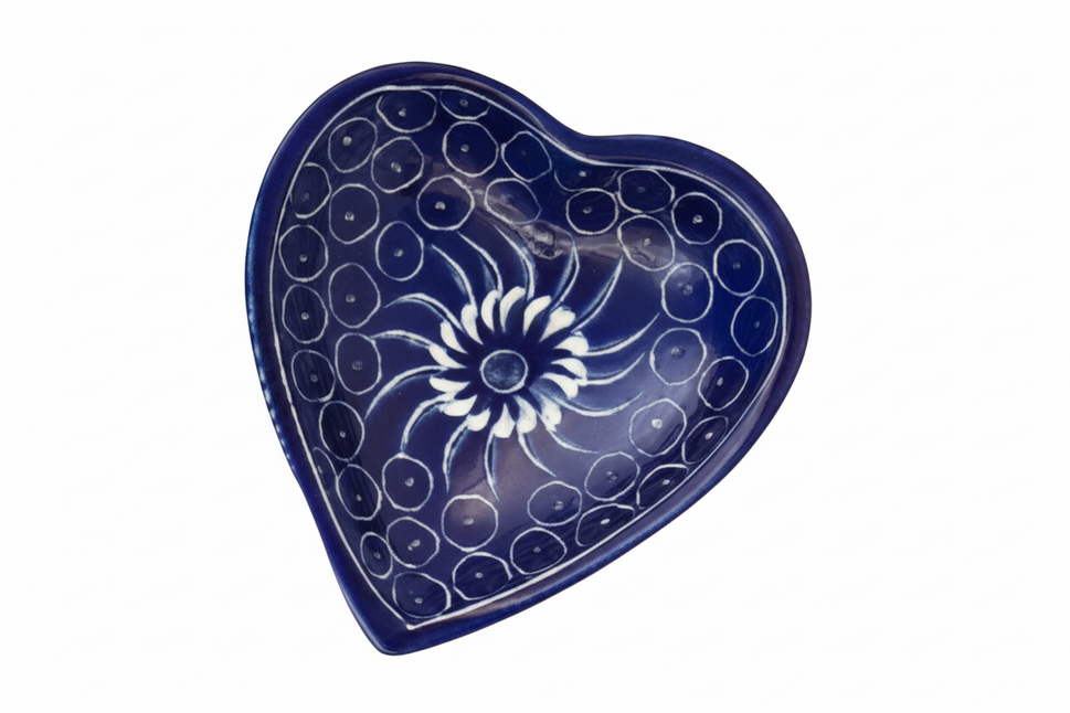 Blue Heart Shaped Trinket Dish Handcarved-Stone with Painted Designs - Small 3.5"