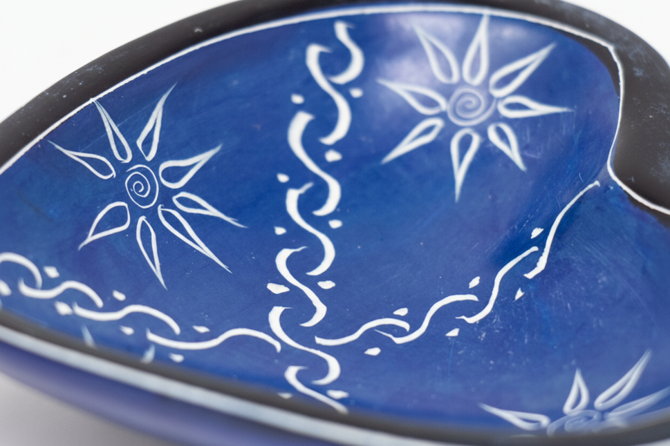 Blue Heart Shaped Trinket Dish Handcarved-Stone with Painted Designs - Small 3.5"