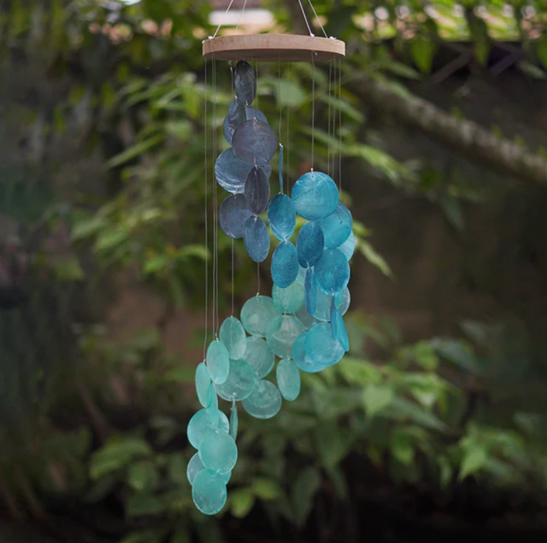 Capiz Chime Blue Water Spiral with Wood Top