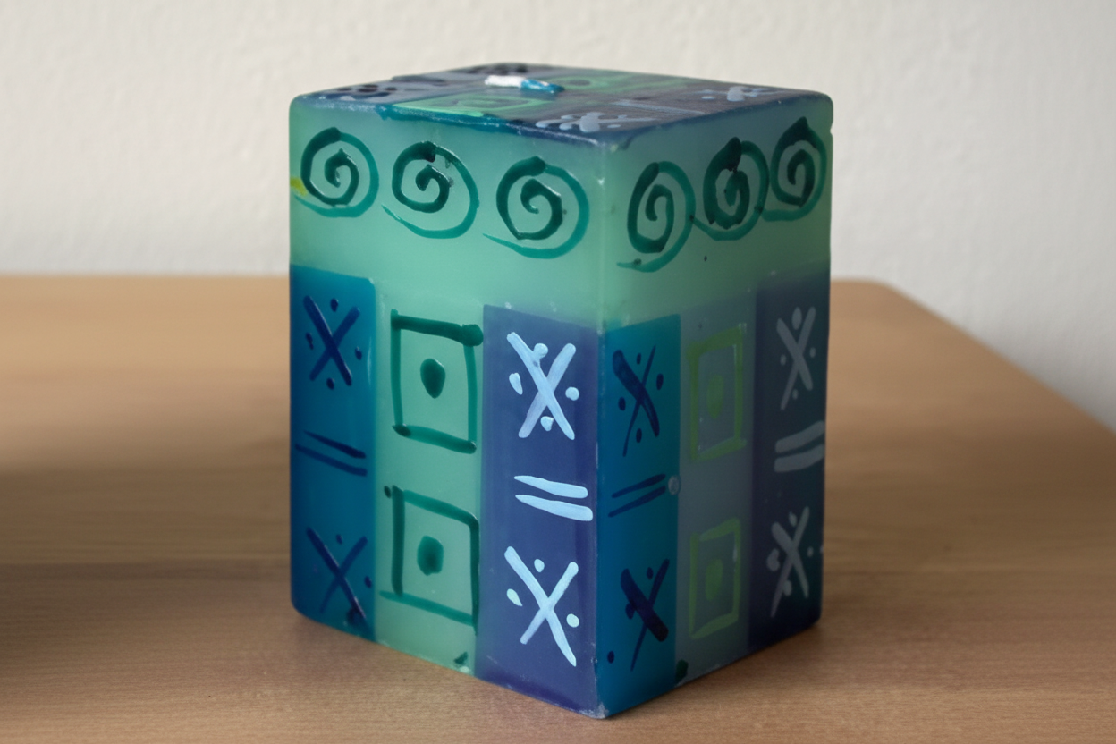 Cube-shaped candle with geometric patterns on a wooden surface