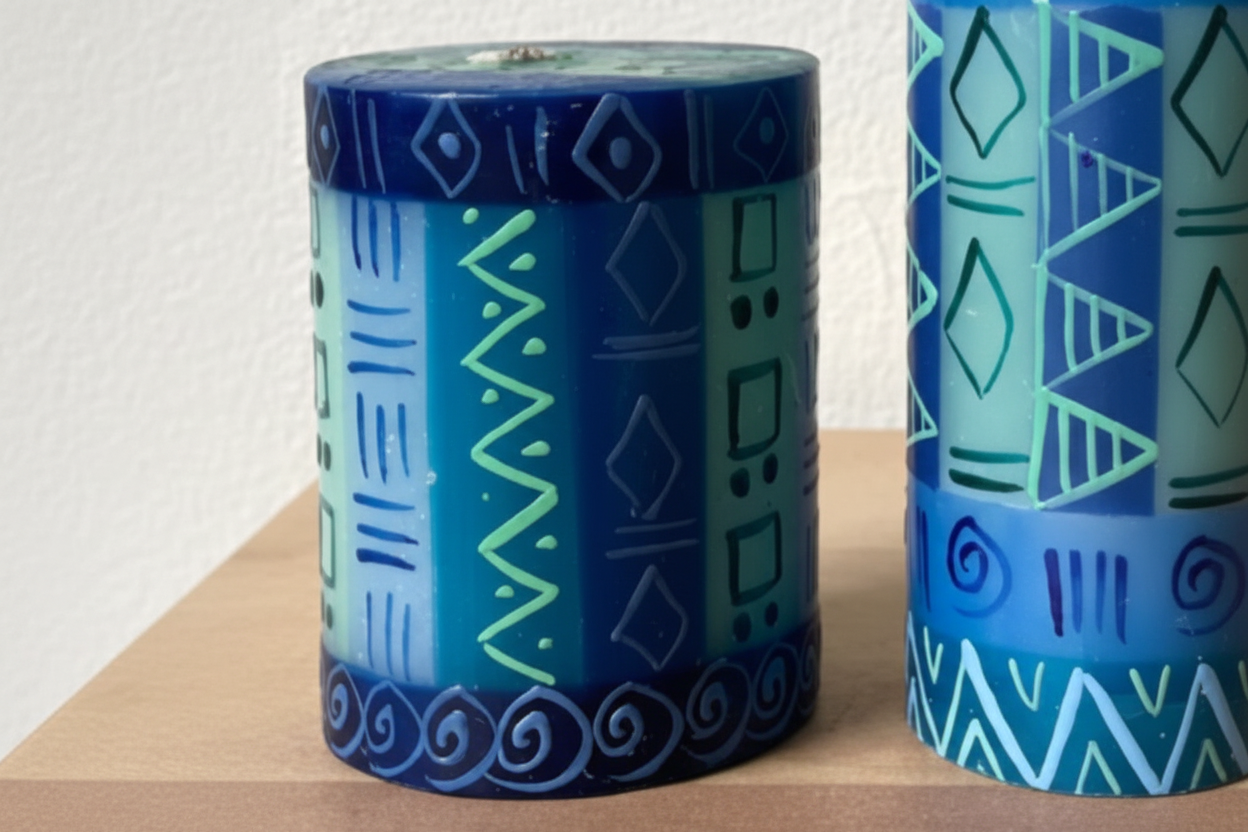 Two blue and green pillar candles featuring hand-painted pattern decorations