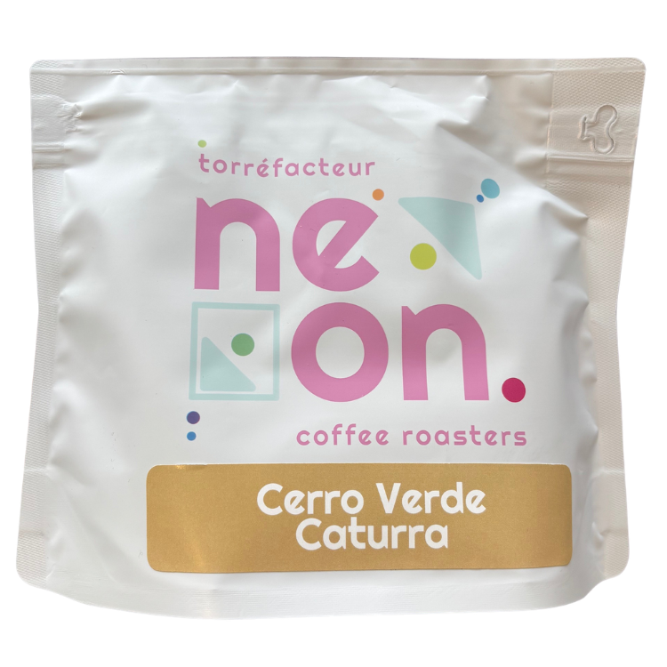 Coffee package from Neon Coffee Roasters with 'Cerro Verde Caturra' text on a white background
